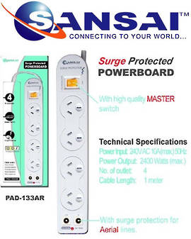 SANSAI 4 Way Surge Protected Power Board with TV Aerial line